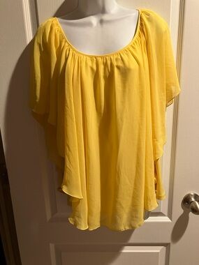 Scoop Neck Flutter Sleeve Yellow Blouse